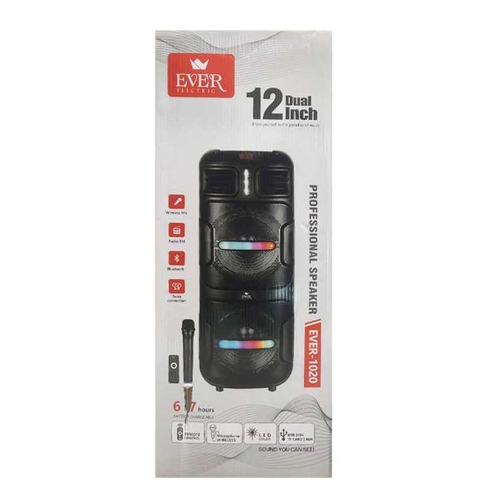 اسپیکر بلوتوثی EVER-1020 دو ووفر ۱۲ اینچی با نورپردازی LED و میکروفون بی‌سیم