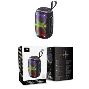 اسپیکر بلوتوثی لنز S865 با طراحی استوانه‌ای مشکی، نورپردازی رینگی RGB، دسته حمل پارچه‌ای و جعبه محصول