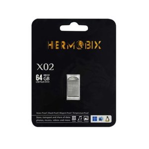 بسته‌بندی فلش مموری HERMOBIX X02 64 گیگابایت با لوگوی طلایی و مشخصات مقاومتی روی کارت مشکی