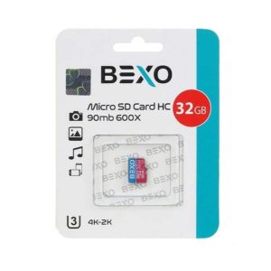 بسته‌بندی سفید رنگ کارت حافظه میکرو BEXO 32 گیگابایت مدل Man 600X U3 با نشان سرعت ۹۰ مگابایت بر ثانیه و پشتیبانی از 4K