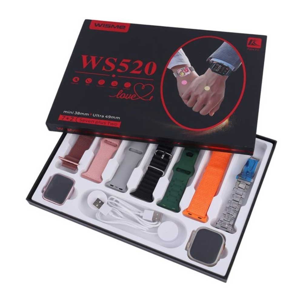 جعبه ست دو عددی ساعت هوشمند WISME WS520 شامل دو ساعت با سایزهای مینی و اولترا به همراه ۷ بند رنگی و شارژر وایرلس در یک پک هدیه لوکس