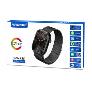 جعبه و نمای ساعت هوشمند WISME WS-X15 با بند میلانی مشکی، نمایشگر AMOLED و برچسب سه بند