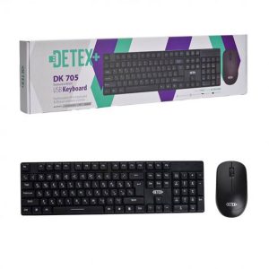 ست کیبورد و موس بی سیم DETEX DK-705 همراه با جعبه بسته‌بندی در نمای کلی