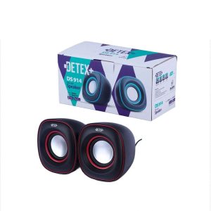 اسپیکر دسکتاپ دتکس پلاس مدل DS914 با طراحی مشکی و حلقه قرمز همراه با جعبه بسته‌بندی