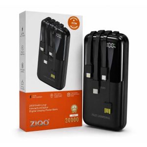 پاوربانک ZIQO Z30 مشکی ۲۰۰۰۰ میلی‌آمپر ساعت با ۳ کابل توکار، نمایشگر دیجیتال درصد شارژ و جعبه محصول که توان ۲۲.۵ وات را نشان می‌دهد.