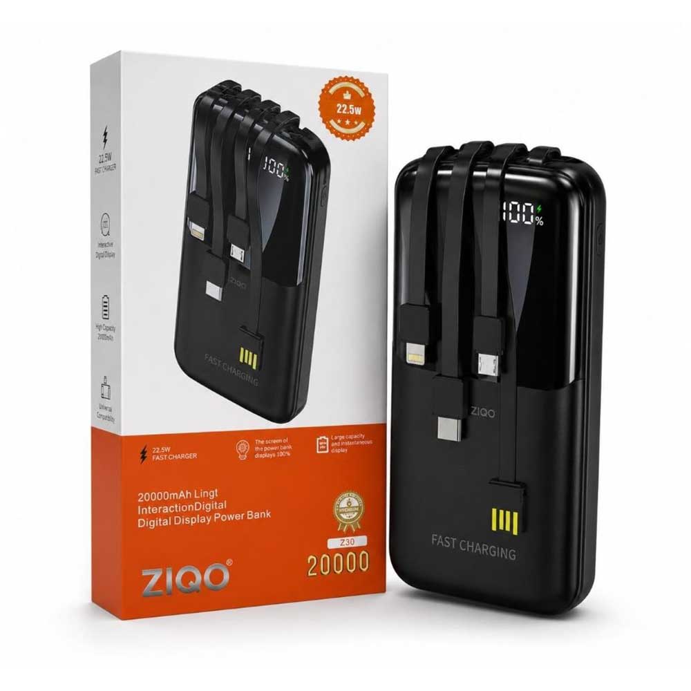 پاوربانک ZIQO Z30 مشکی ۲۰۰۰۰ میلی‌آمپر ساعت با ۳ کابل توکار، نمایشگر دیجیتال درصد شارژ و جعبه محصول که توان ۲۲.۵ وات را نشان می‌دهد.