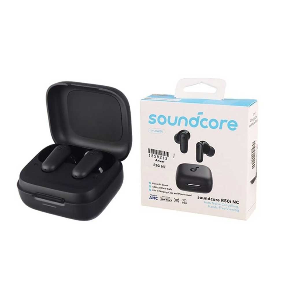 هندزفری Soundcore R50 NC High Copy مشکی به همراه جعبه و کیس شارژ دارای پایه نگهدارنده موبایل